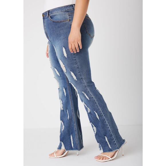 Ashley Stewart Distressed High Waist Frayed Flared Jeans Stretch Plus Size: 18 - Picture 3 of 10